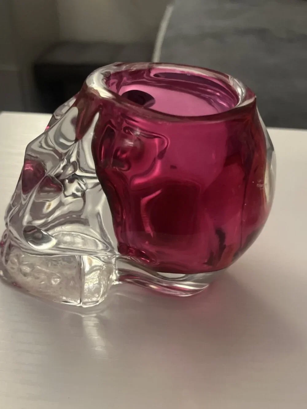 Pink & Clear Art Glass Skull Tealight Candle Holder Halloween 4” Tall